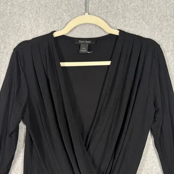 WHBM Top Womens Small Black‎ Wrap Plunge Pleated Blouse Jersey Witchy Career - Picture 2 of 9